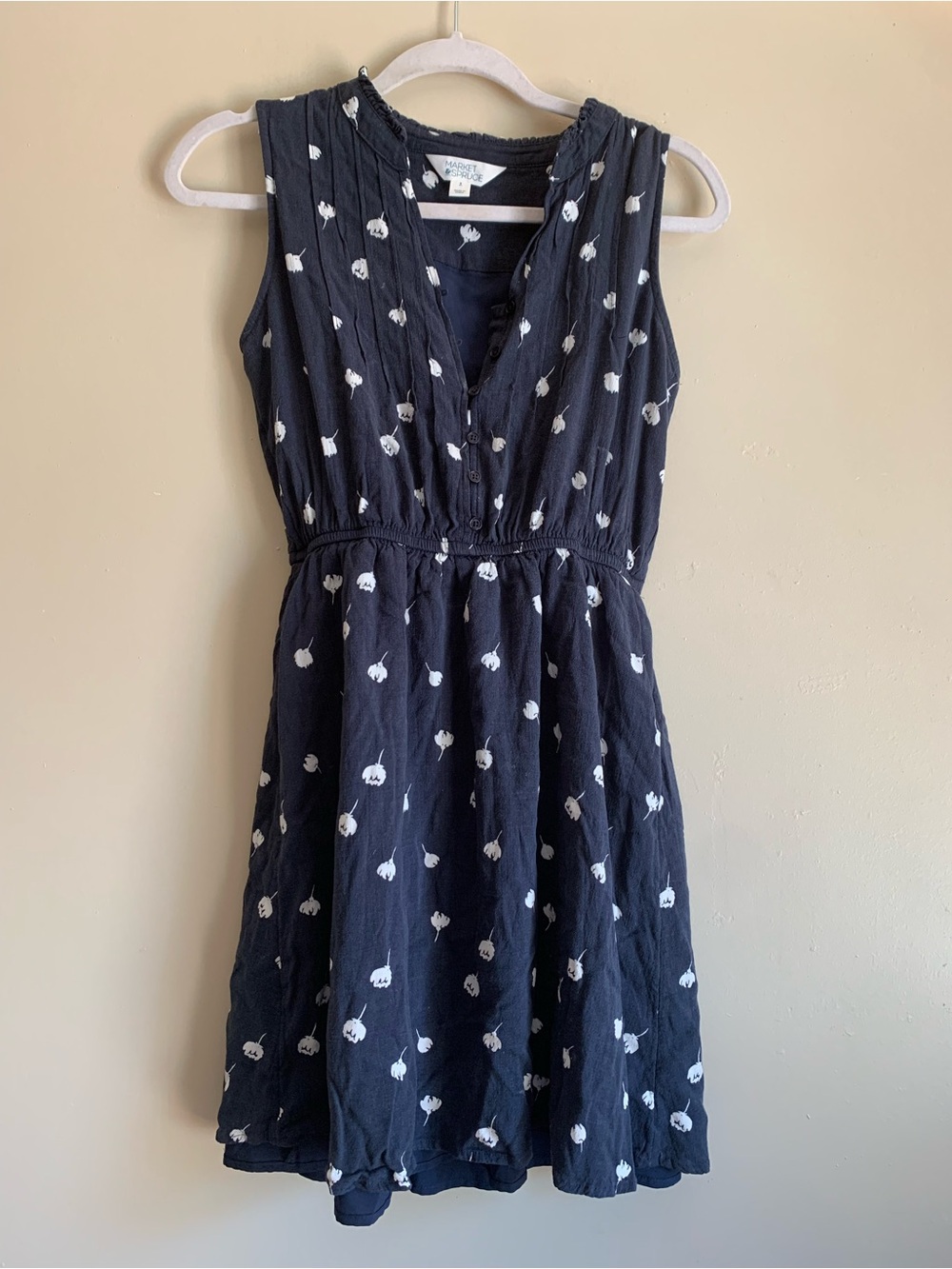 Market & Spruce Navy Blue Sleeveless Mini Dress White Dot Floral Print Size S